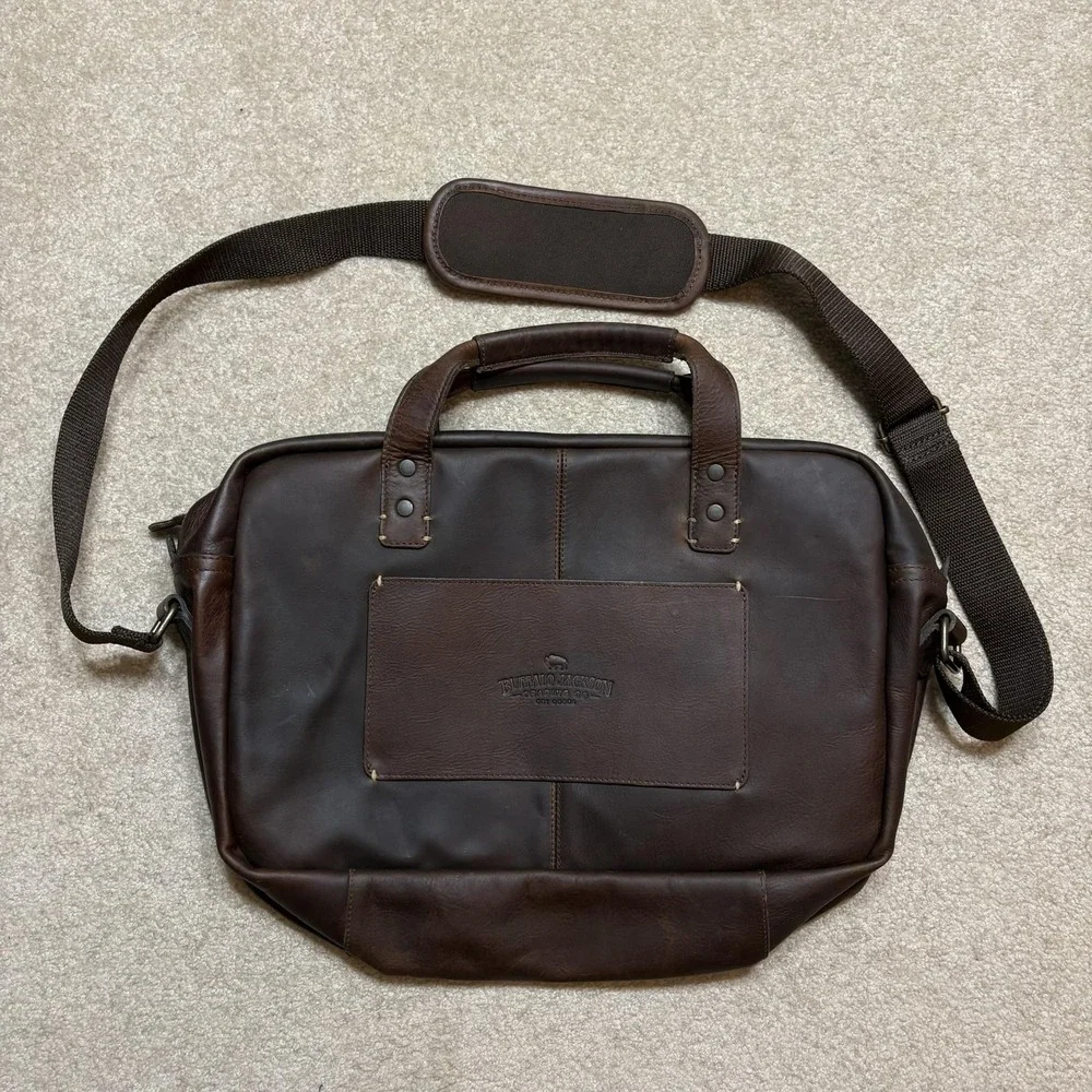 Buffalo Jackson Mahogany Brown Leather Laptop Bag Case Briefcase Messenger Strap